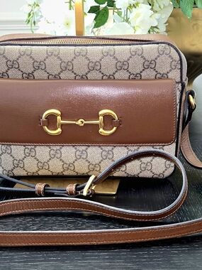 Gucci Brown GG Supreme Crossbody with Gold Horsebit